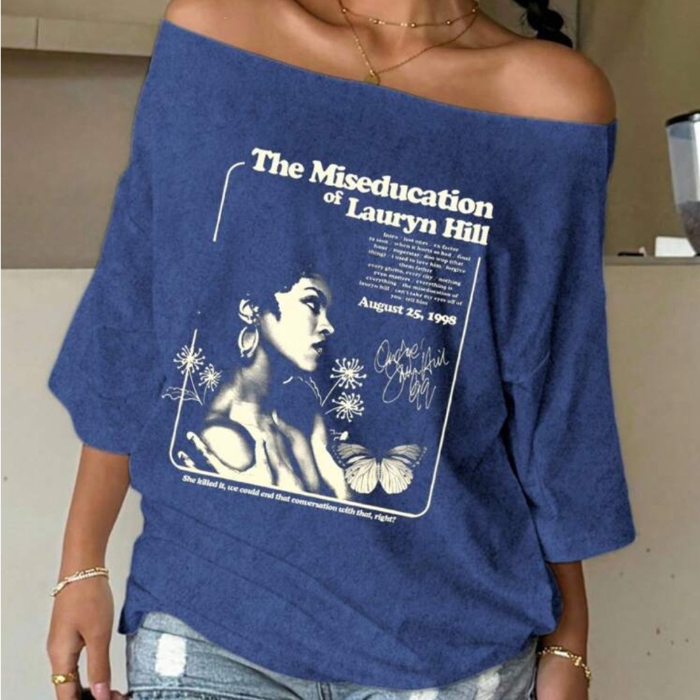 Women's Off-Shoulder Blue Graphic Sweater